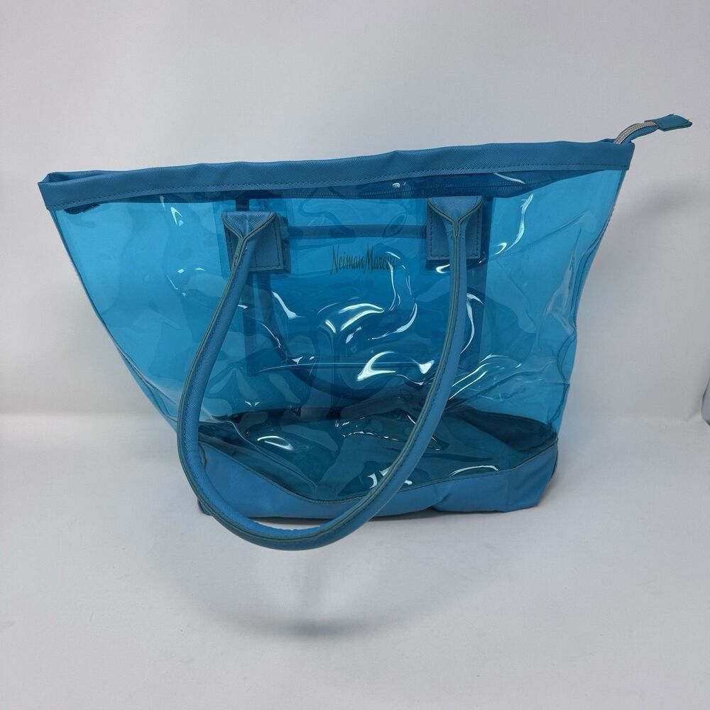 Neiman Marcus Women Transparent Clear Blue Plastic PVC Tote Bag 16”x11”